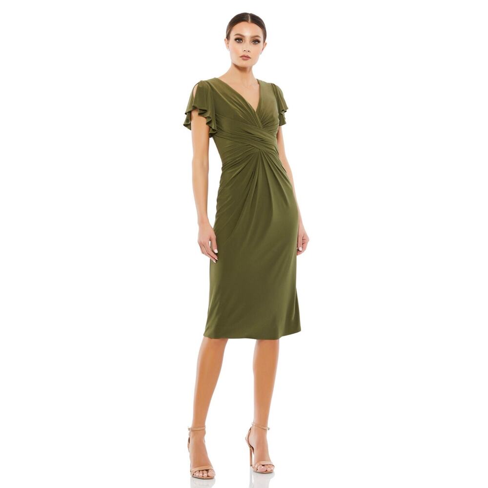 NWT Mac Duggal Ieena Olive Green Draped Flutter Sleeve Cocktail Dress Size 4